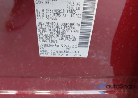 2019 Infiniti Qx60 Luxe z USA, uszkodzony, nr VIN 5N1DL0MN8KC528221